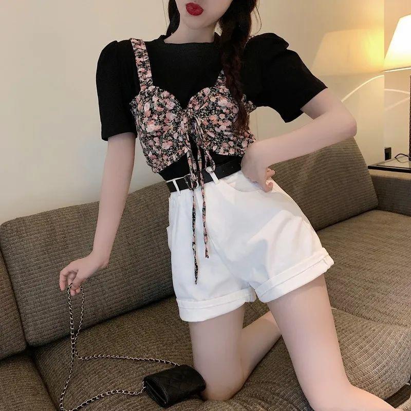 Summer Korean Version  The White Simple Short-sleeved T-shirt Plus Sweet Floral Sling Two-piece Jacket Women