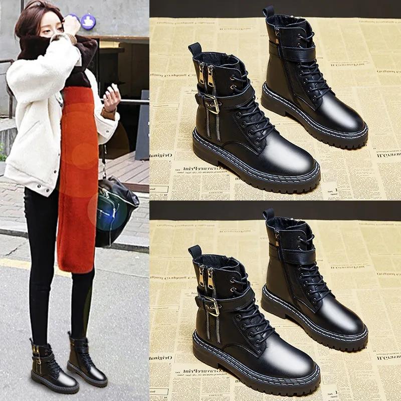 Woman Short Boots Autumn and Winter Warm Boot Thick-soled British Style Martin Boots Plush Boots Leather Velvet Boots