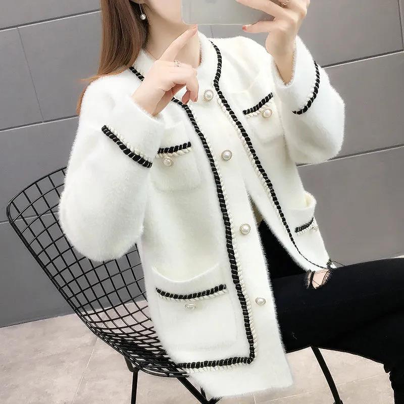 Xiaoxiangfeng Imitation Mink Velvet Thickened Short Coat Women's Spring and Autumn Long-sleeved Round Neck Knitted Cardigan Woolen Top