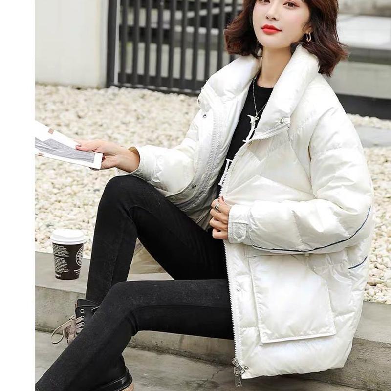 Women's Shiny Mid-length Down Jacket Winter Korean Style Loose Coat Warm Stand-collar Down Jacket