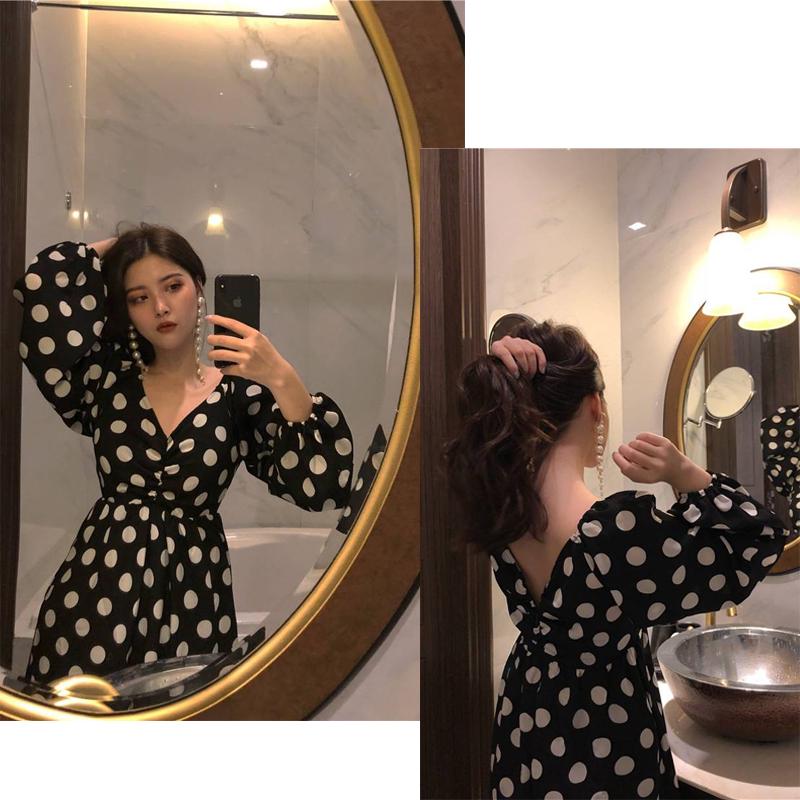 Summer Dress Women Vintage Dress Casual Polka Dot Print A-Line Party Dresses Sexy V-neck Long Dress