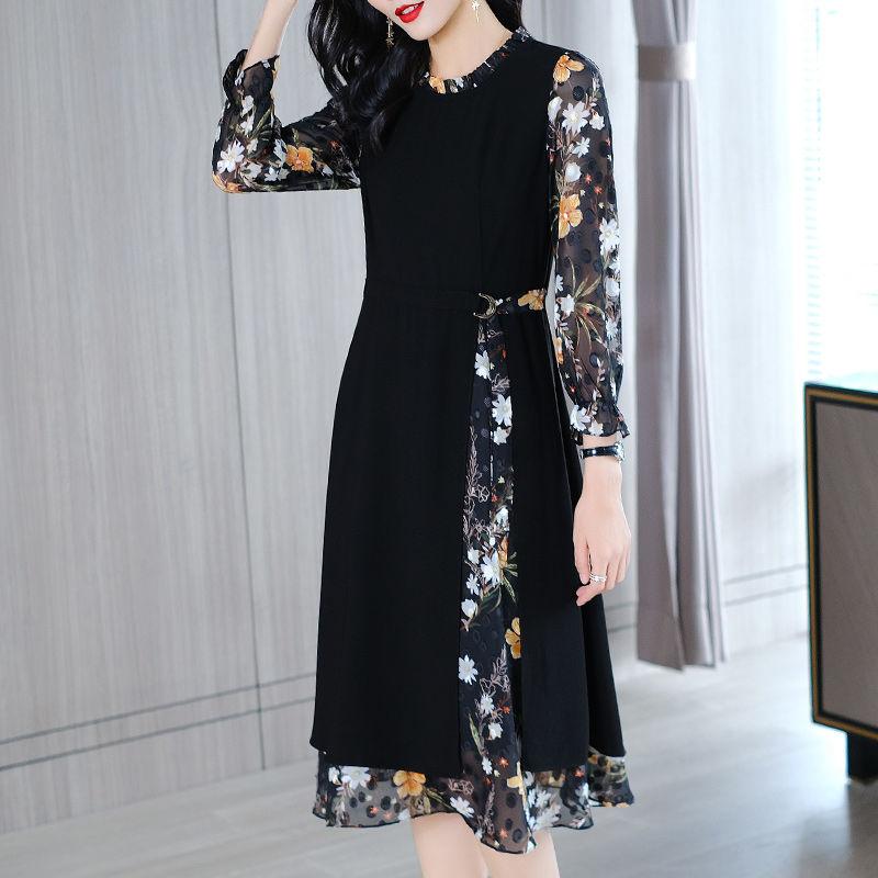 Large Size Women's Chiffon Stitching Fake Two-piece Dress Loose Casual Elegant Long Skirt Black Floral