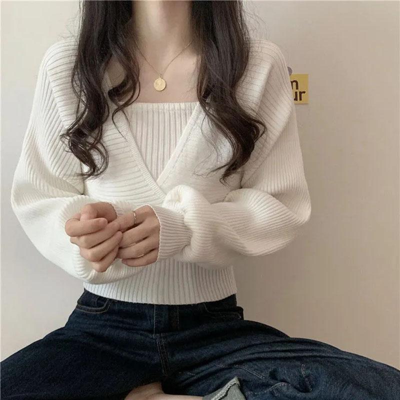 Sweater Women's Puff Sleeve Knitwear Fake Two Piece Square Neck Pullover Top Korean Loose Jumper Trendy Sweater Sexy