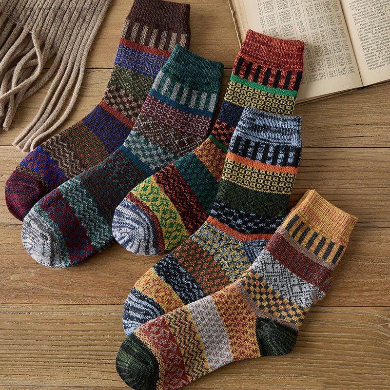 5 Pairs Retro Flower Socks Autumn Winter Ethnic Style Cotton Stockings Thick Thermal Line Diamond Knitted Warm Warm Socks Mid Tube Socks