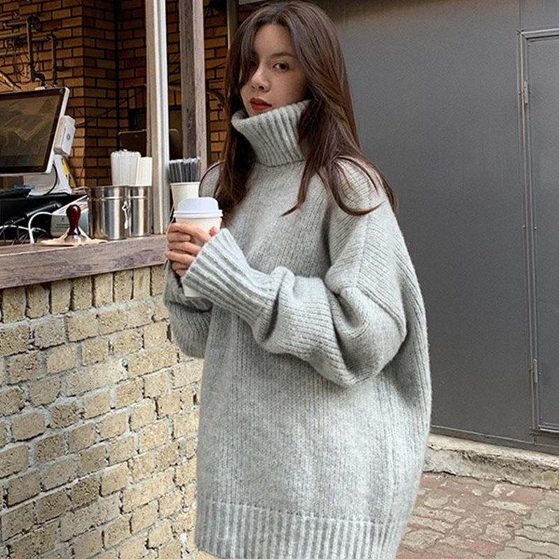 Solid Color Turtleneck Sweater for Female Students Korean Style Loose Lazy Chic Knit