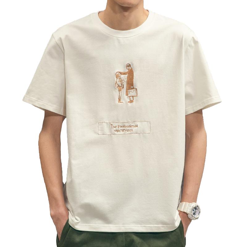 100% Cotton Summer Cartoon Embroidery Trendy Men's Short-sleeved T-shirt Harajuku Style Retro Round Neck Boys Bottoming Shirt