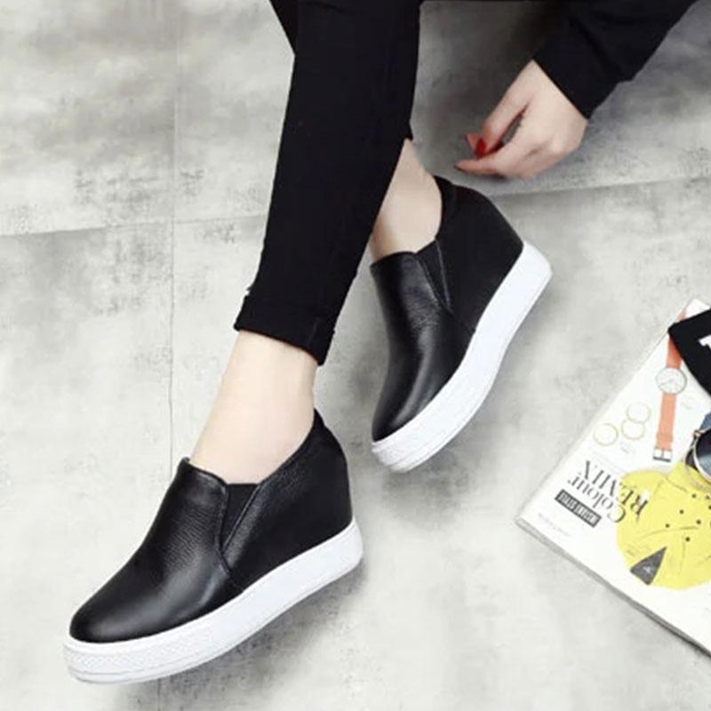 Women's 8cm Height-increasing White Shoes Single Shoes Real Cowhide Thick-soled Pedal Lazy Casual Shoes Flat-bottomed High-heeled Shoes for Students