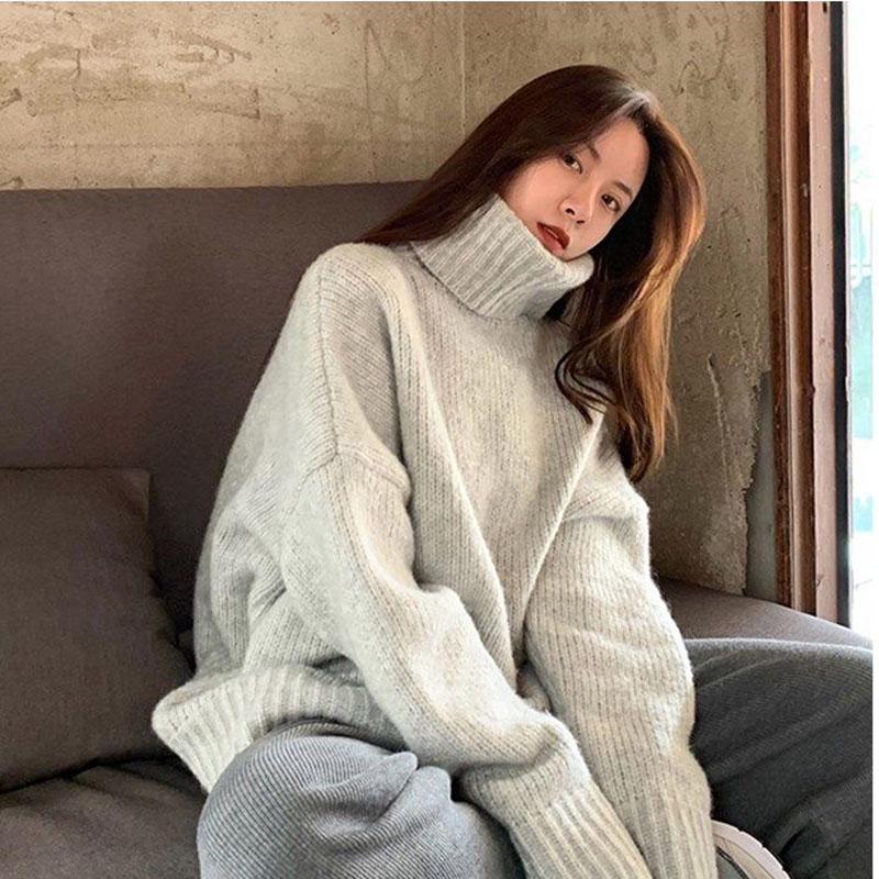 Solid Color Turtleneck Sweater for Female Students Korean Style Loose Lazy Chic Knit
