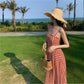 Female Vintage Slim Suspender Holiday Dress Elegant Backless Long Graceful Plaid Vacation Dress