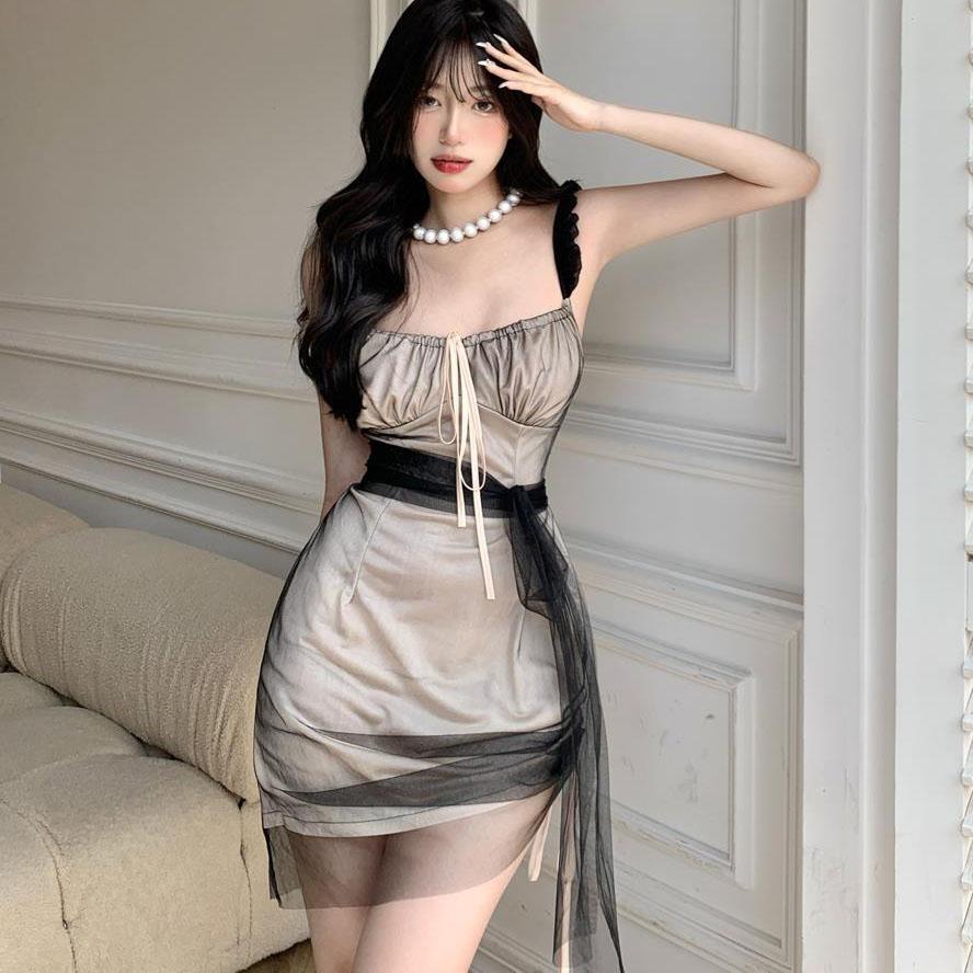 Female Elegant Ruffle Irregular Mesh Sling Party Dress Short Slim Vintage Gauze Night Club Dress