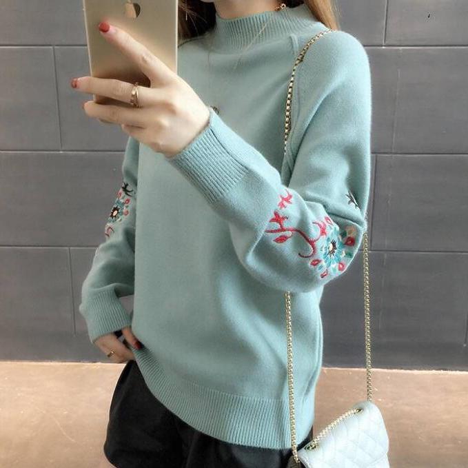 Casual Autumn Winter Turtleneck Sweater Women Embroidery Knitted Sweaters Warm Pullover Sweater