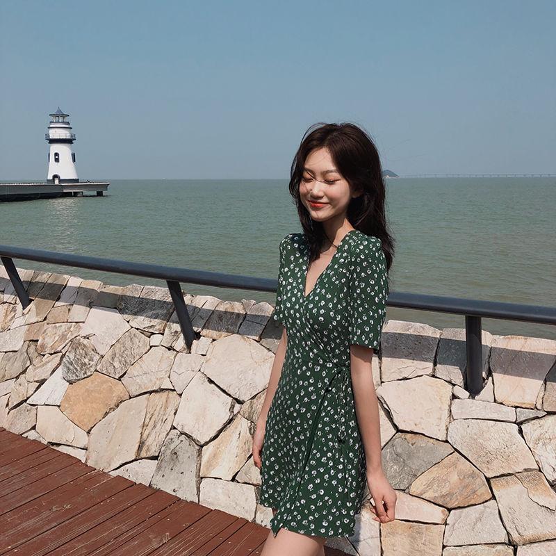 Women Dress Summer V-Neck Floral Print Beach Dress Ruffle Short Sleeve A -Line Mini Dress Wrap Sundress Robe Dress