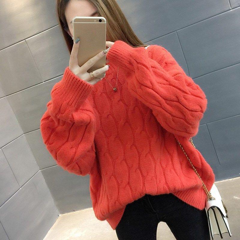 Women Winter Thick Warm Plus Size Knit Sweater Women Loose O-Neck Pullover Twist Pullover Sweater