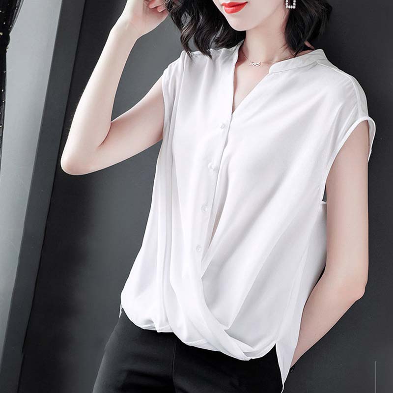 V-neck Chiffon Shirt Women's Summer Belly Cover Blouse Short-sleeved Loose Temperament Sleeveless Slim Solid Color Large Size Shirt Women Summer Top