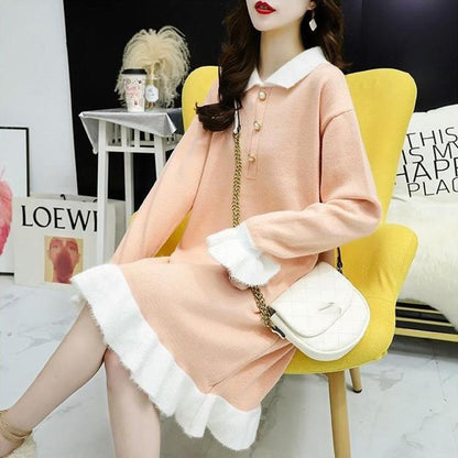 Sweater Skirt Mid-length Autumn and Winter Loose Knitted Dress Doll Collar Jacket Women Winter Knit Sweater Women Sweet and Cute