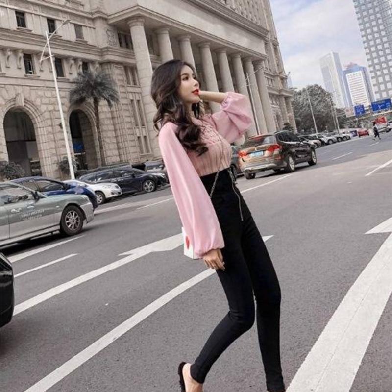 Pofulove Temperament Half Turtleneck Short Sweater Chiffon Lantern Long Sleeve Paneled Sweater