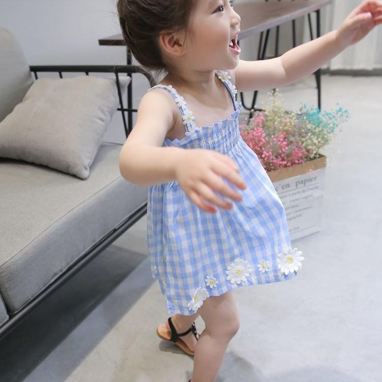 Children Dress Girls' Summer Thin Dress Suspender Dress Plaid Off Shoulder Chrysanthemum Princess Dress Ruffle