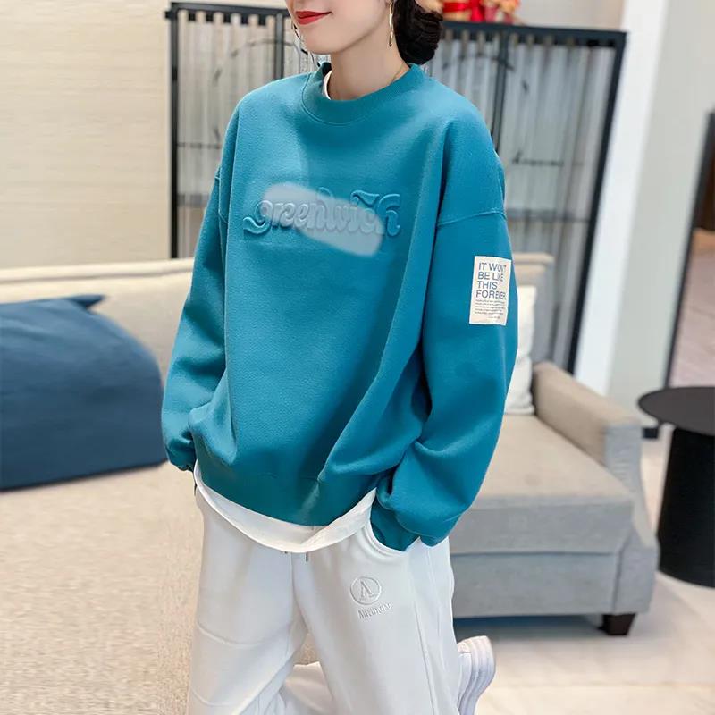 Vintage Women Sweatshirt Ultra Simple Sleeve Contrast Line Design Embroidery Crew Neck Loose Casual Sweatshirt