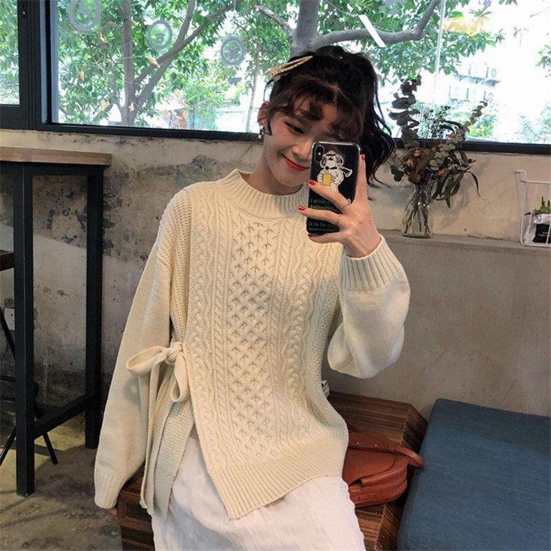 All-match Loose Autumn  Winter Twist Sweater Knit Sweater Casual Female Students Long-sleeved Design Sense Split
