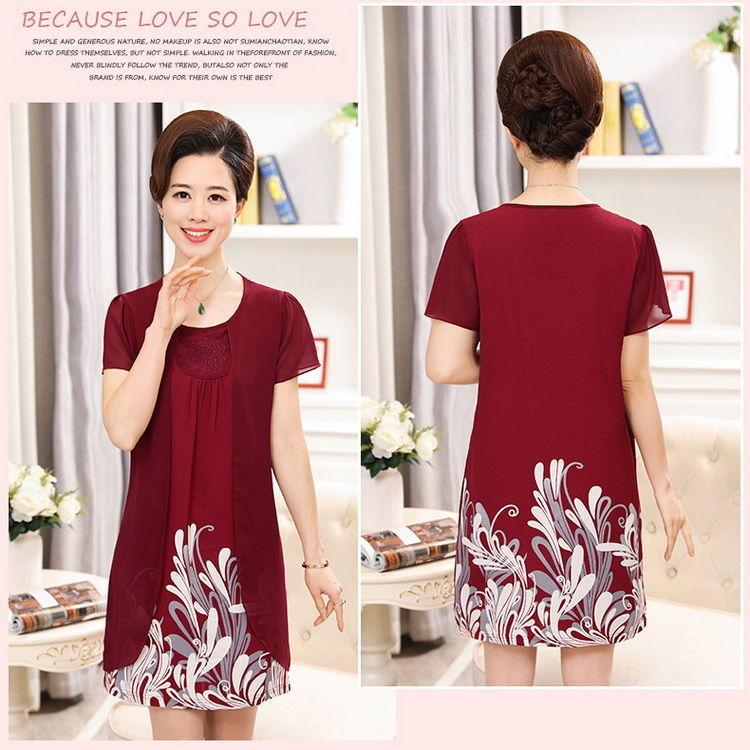 XL-XXXXXXL Middle-aged Women Summer Printed Plus Size Skirt Mother's Dress Mid-length Chiffon Yarn