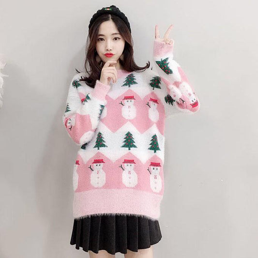 Female Large Size Vintage Loose Print Sweaters Women's Autumn and Winter Sweet Style Knitted Pullover Tops
