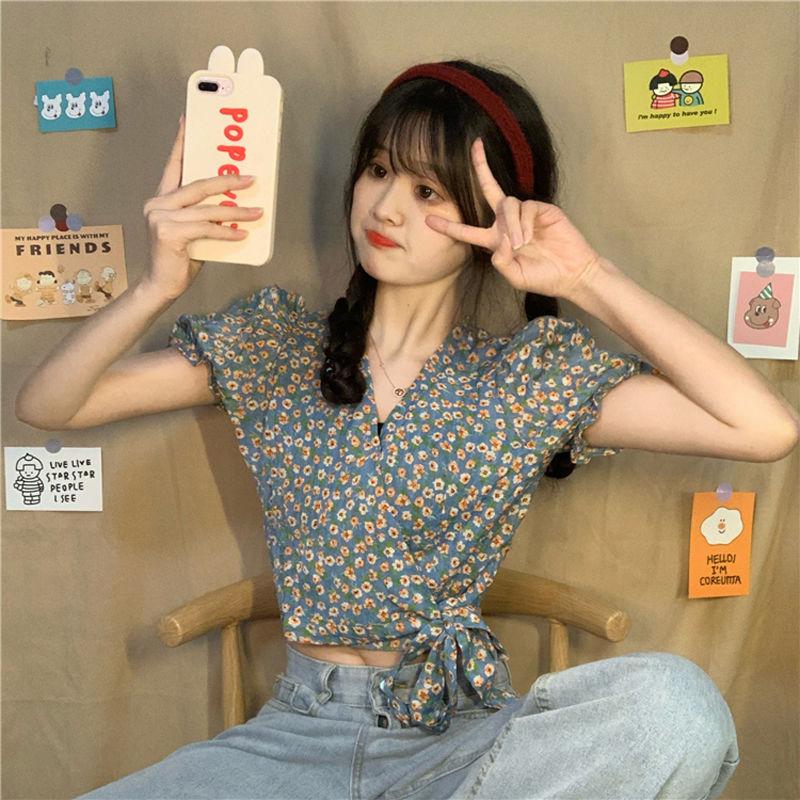 Puff Sleeve Floral Short-sleeved Chiffon Shirt Women's Summer Korean Design High-waist Short Top