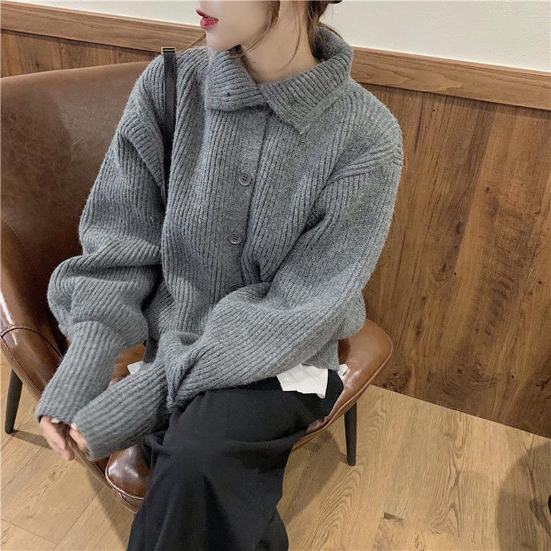 Spring  Autumn Design Sense Lapel Solid Color Vertical Pattern Sweater Cardigan Girl Student Casual Fashion All-match Knitted Cardigan