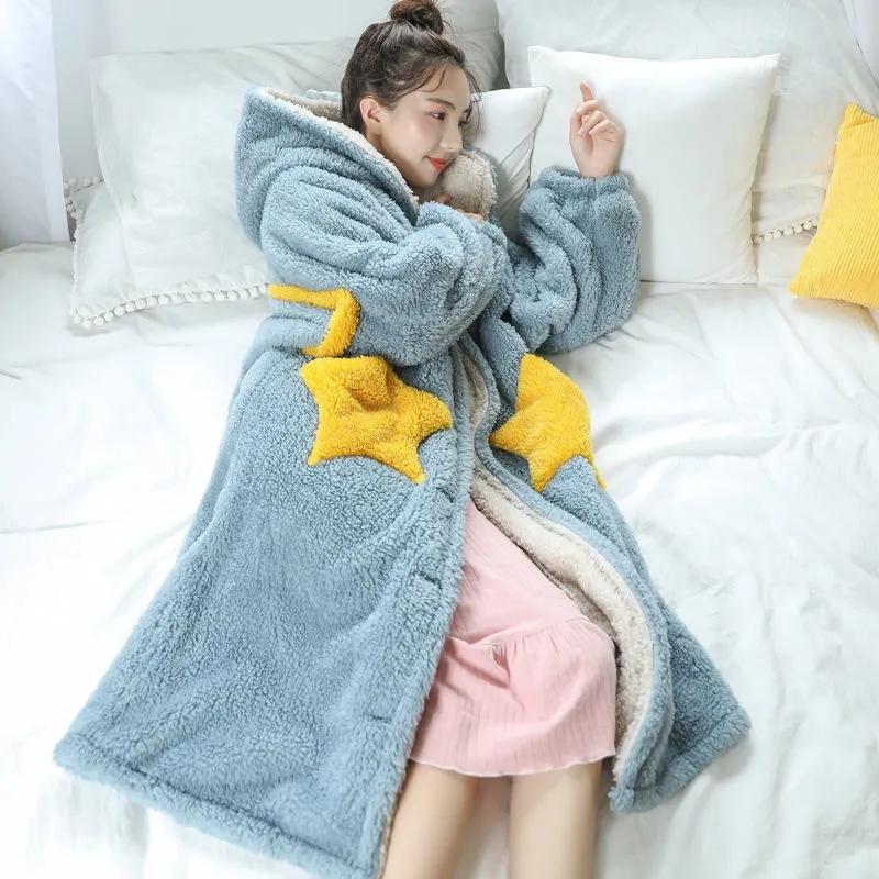Women's Winter Long Hooded Nightdress Coral Velvet Nightgown Large Size Bathrobe Star Plus Velvet Thickening Home Wear Ladies Pajamas