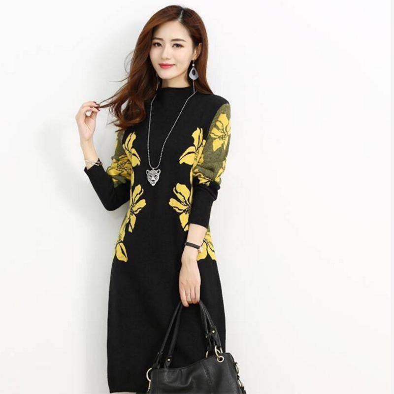 Pofulove fashion women's printed turtleneck plus velvet thick long-sleeved loose dress Plus size