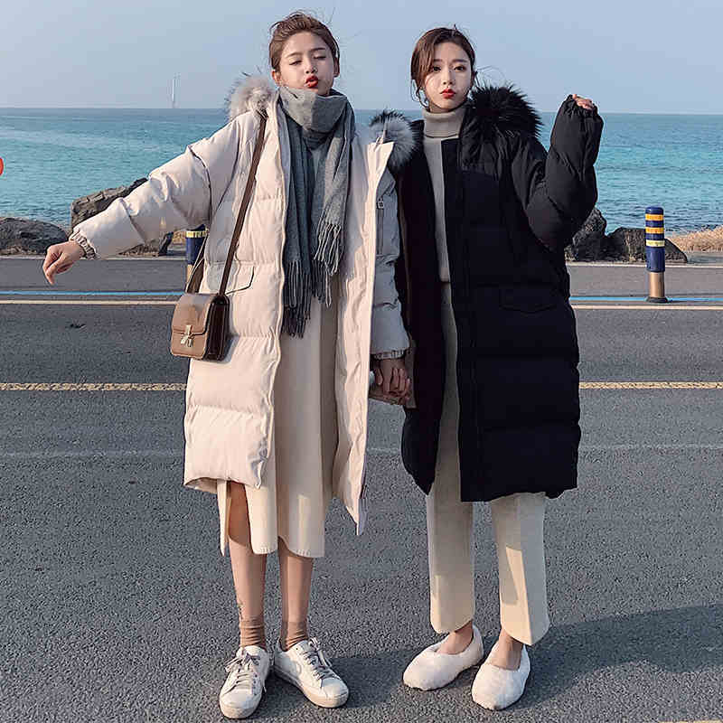 Autumn and Winter Ladies Down Padded Jacket Long Over The Knee Fur Collar Hooded Down Padded Jacket Slim Hooded Padded Warm Parka Coat