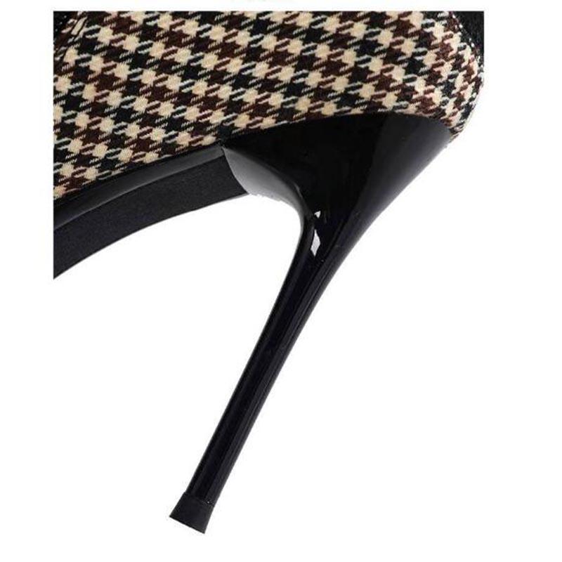 Women's High Heels Shoes  Gingham PU Leather Boots Pointed Toe Autumn and Winter