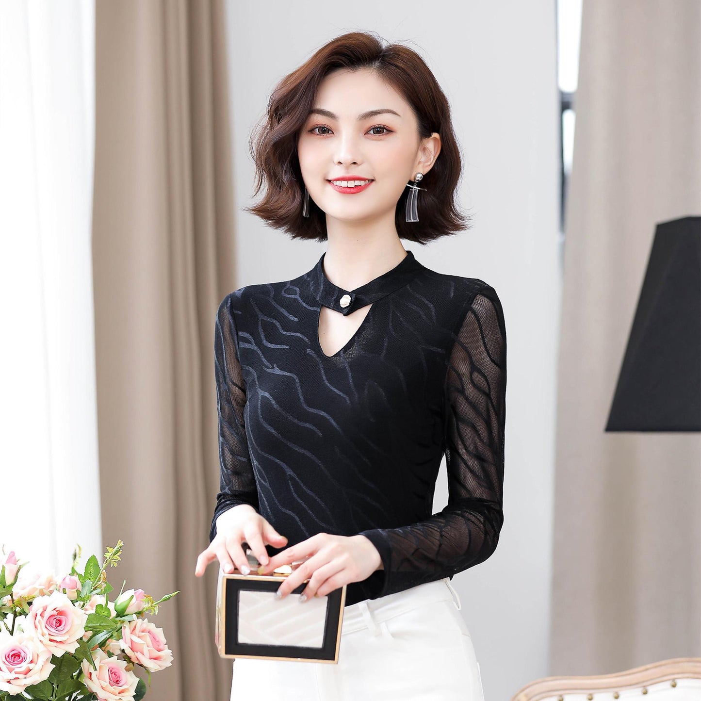 Spring and Autumn Bottoming Shirt V-Neck Mesh Top Casual Inside Long Sleeve Slim Fit T-Shirt Ladies Yarn