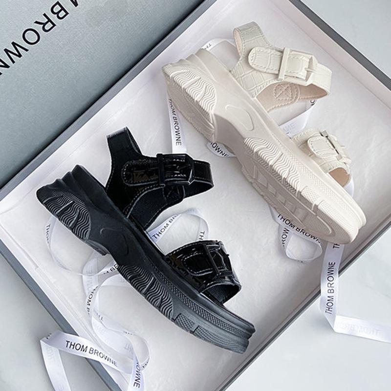 Sandals Women's Summer All-match Flat Shoes Non-slip Thick-soled Ladies Roman Shoes Black Glossy Simple Sports Casual Sandals