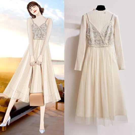 Two-piece Sling Dress Early Autumn Lady Light Mature Wind Waist Waist Small Lady Long Dress Suit