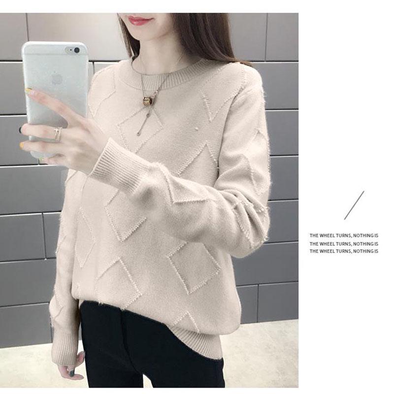Warm O-neck Sweater Purple Color Rhombus Sweater Knitted Plain Sweater Women Knitwear Long Sleeve