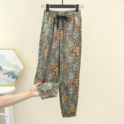Fried Street Retro Color Casual Pants Summer Thin Drawstring Cropped Pants Straight Harem Pants Trend
