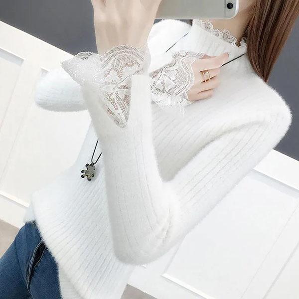 Imitation Mink Sweater Women Fall/winter Half High Neck Lace Stitching Lined Tight-fitting Knitted Bottoming Shirt