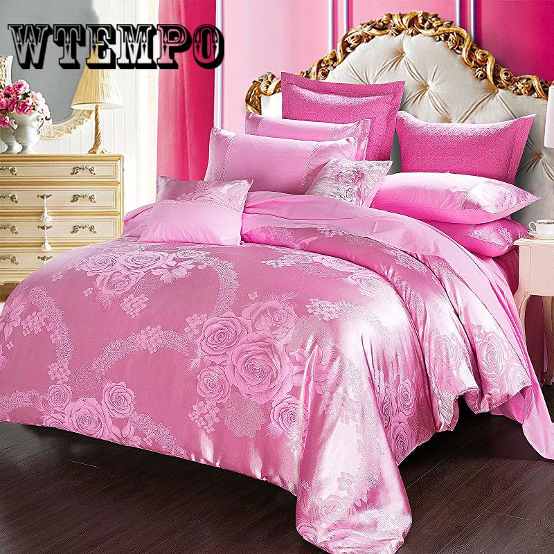 4pcs Stain Silk Jacquard Cotton Lace Duvet Cover Bedding Set Luxury King Queen Size Bed Sheet Set