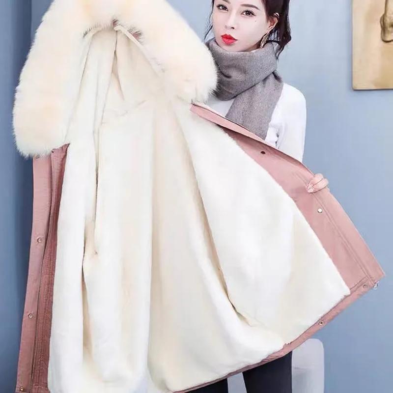 Women's Winter Plus Velvet Thickened Mid-length Coat Sequin Stitching Pie To Overcome Cotton-padded Clothes Wool-collar Loose Warm Jacket