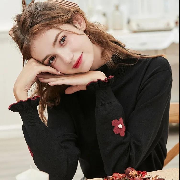 Turtleneck Knitted Bottoming Shirt Solid Color Lace Cuff Embroidered Sweater Fashion Slim Long Sleeve Bottoming Shirt