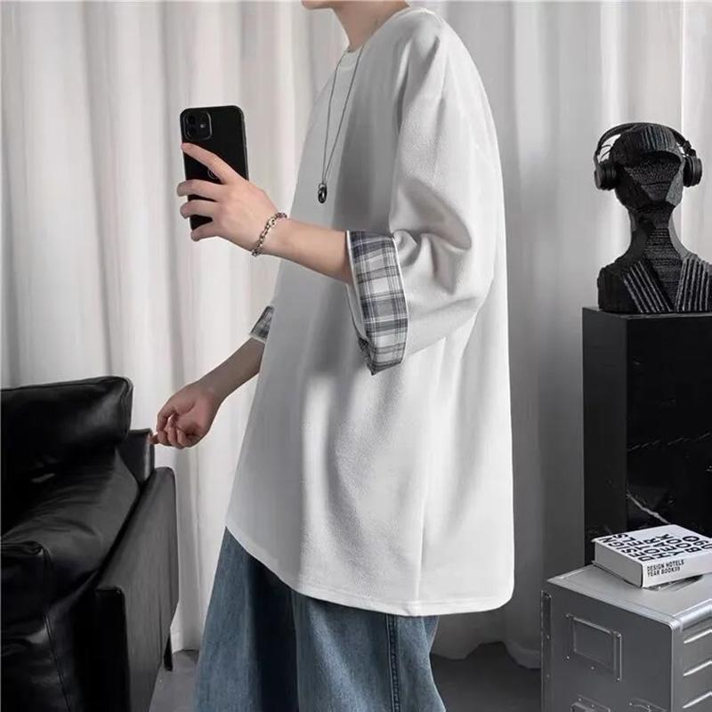 Casual Three-quarter Sleeve Top Spring, Summer and Autumn Trend Plaid All-match Round Neck Half-sleeve T-shirt