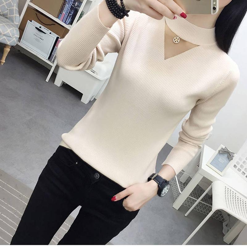 Pofulove Women Turtleneck Pullover Tops Slim  Knit Fall / Winter Hollow Gauze Long sleeve Sweater