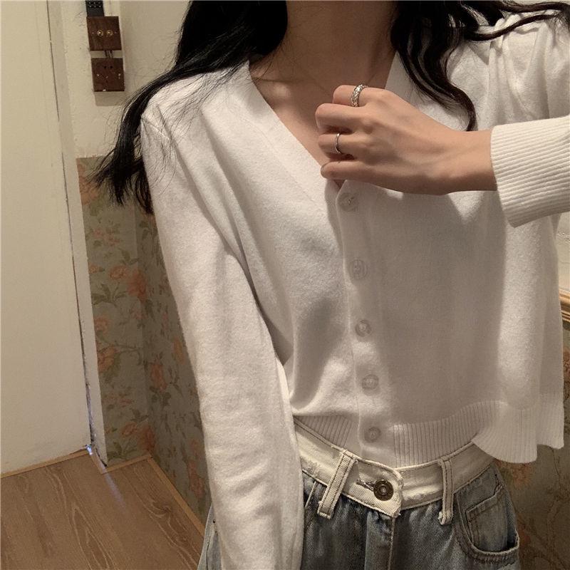 Spring and Autumn Style V-neck Cardigan Short Long Sleeve Top Jacket Thin Sweater Knitwear Women's Trend