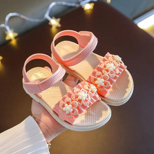 Girls Sandals Girls Summer Soft Sole Beach Sandals Anti-slip Beads Decoration Casual Princess Light Sandals