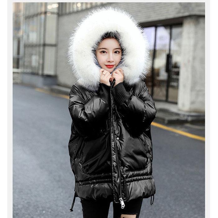 Ladies Winter Glossy Jacket Windproof and Waterproof Parka Hooded Big Fur Collar Coat Split Design Elastic Cuffs Large Size Loose Parka