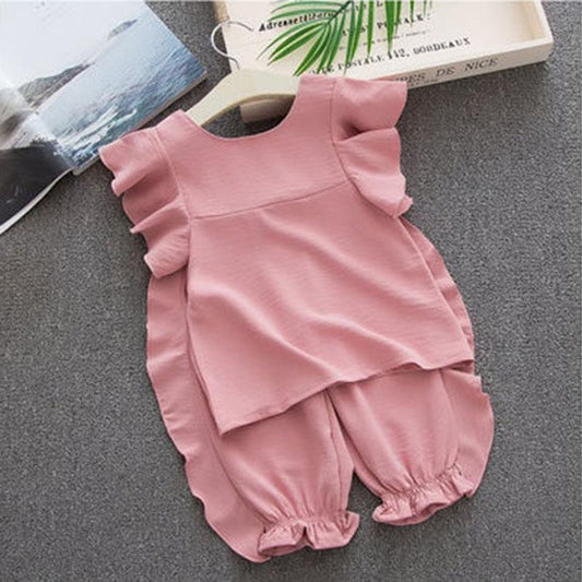 Girls Summer Suit Baby Girl Clothes T-shirt Shorts Sweet Lotus Leaf Sleeve Top + Casual Trousers Two-piece Set