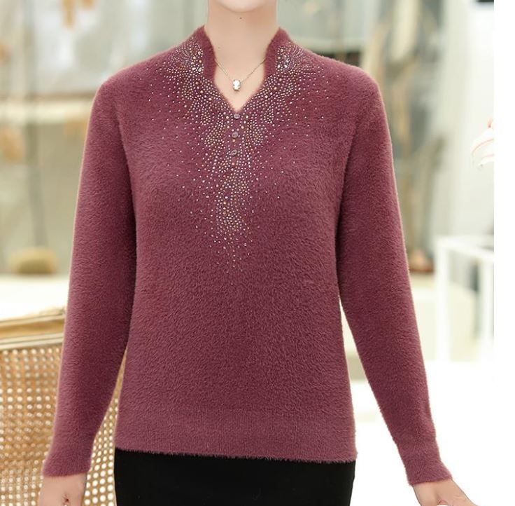Mink Velvet V-Neck Sweater Fashionable Diamond Slim Fit Knit Sweater Warm Large Size Long Sleeve Knit Sweater