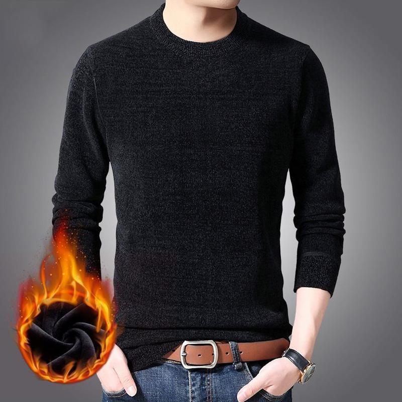 Sweater Young and Middle-aged Plus Velvet Thick Solid Color Warm and Comfortable Winter Round Neck Pullover Men's Bottoming Shirt
