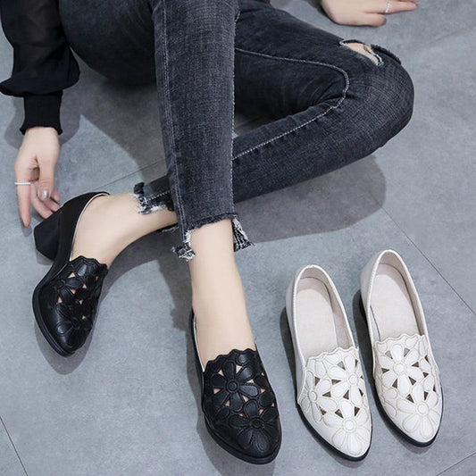 Women's Single Shoes Hollow Breathable Embroidered Four Seasons Ladies Shoes Thick Heel Soft Sole Work Shoes
