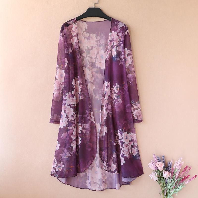 Women's Sun-Dress 1pcs Chiffon Cardigan Flowers Sun Protection Clothing Mid-length Plus Size Loose Outer Thin Coat Beach Air-conditioned Rooms